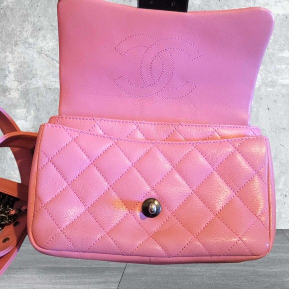 Authentic Rare Chanel Pink Goatskin Quilted Mut Waist Chain Double Lock Flap Bag - Picture 7 of 16